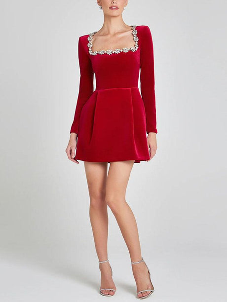 Aurohaya Elegant Square Neck Crystal Embellished Mini Dress