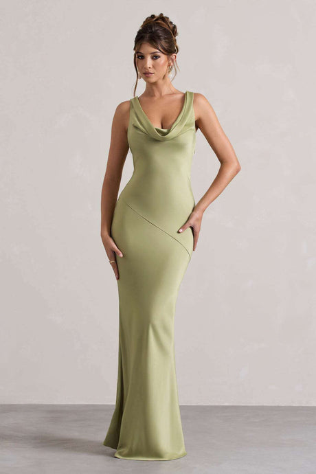 Aurohaya Élodie Satin Cowl-Neck Slip Maxi Dress Green