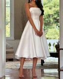 Aurohaya Elegant Strapless Solid Color Midi Dress White