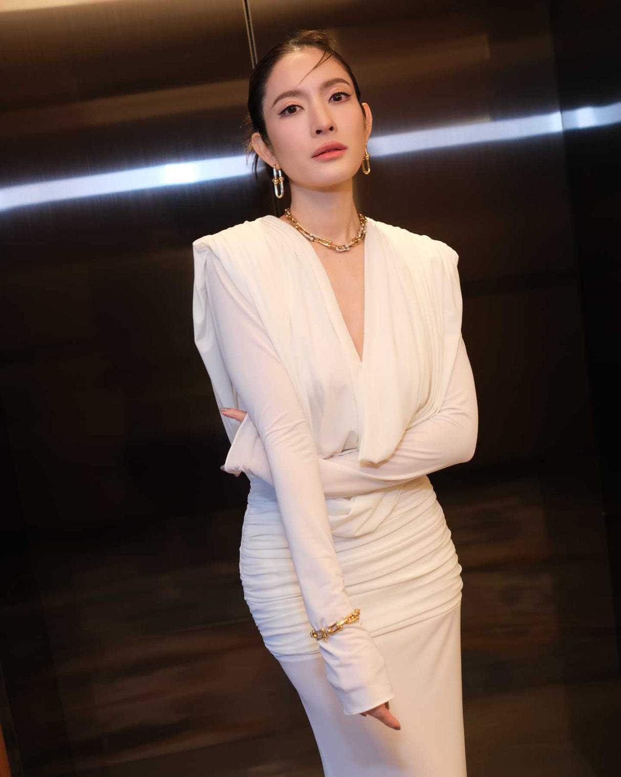 Aurohaya Lumière Long Sleeve Deep V Maxi Dress