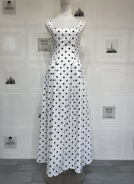 Aurohaya Madeleine Polka Dot Square Neck A-Line Maxi Dress White