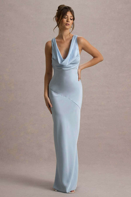 Aurohaya Élodie Satin Cowl-Neck Slip Maxi Dress Sky bule