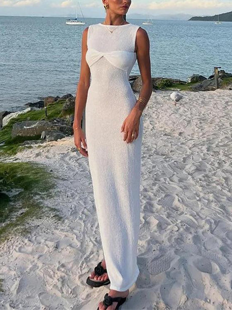 Aurohaya Fashion Crew Neck Knitted Beach Maxi Dress White