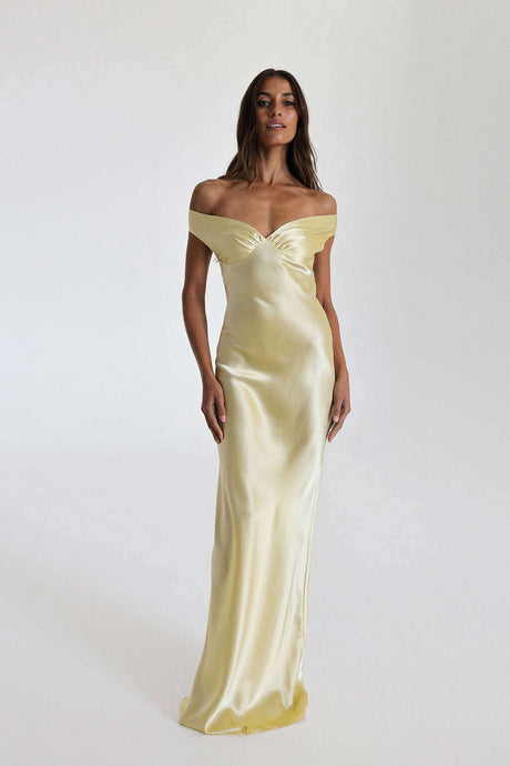 Aurohaya Félicité Satin Off-Shoulder Maxi Dress Yellow