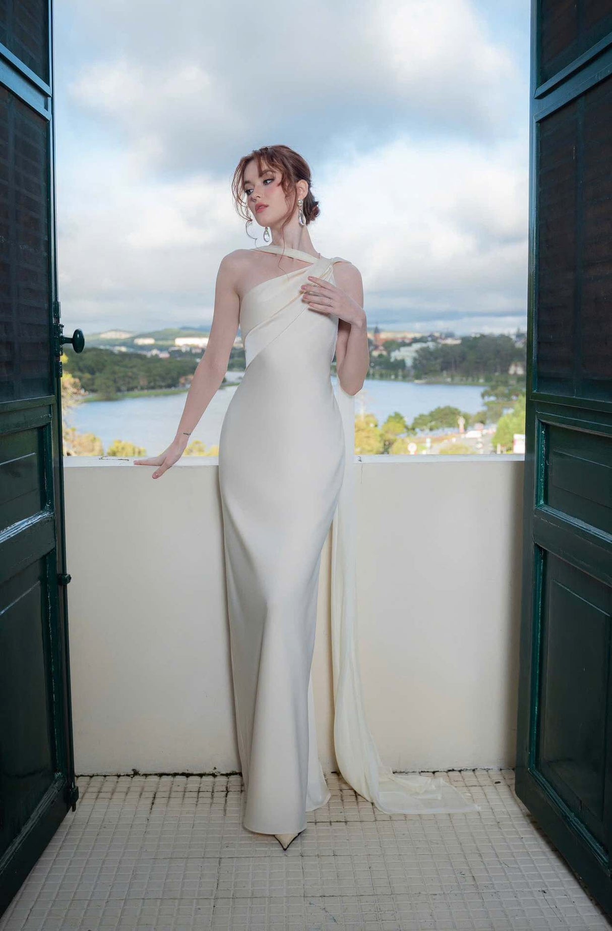 Aurohaya Adeline One-Shoulder Satin Maxi Dress