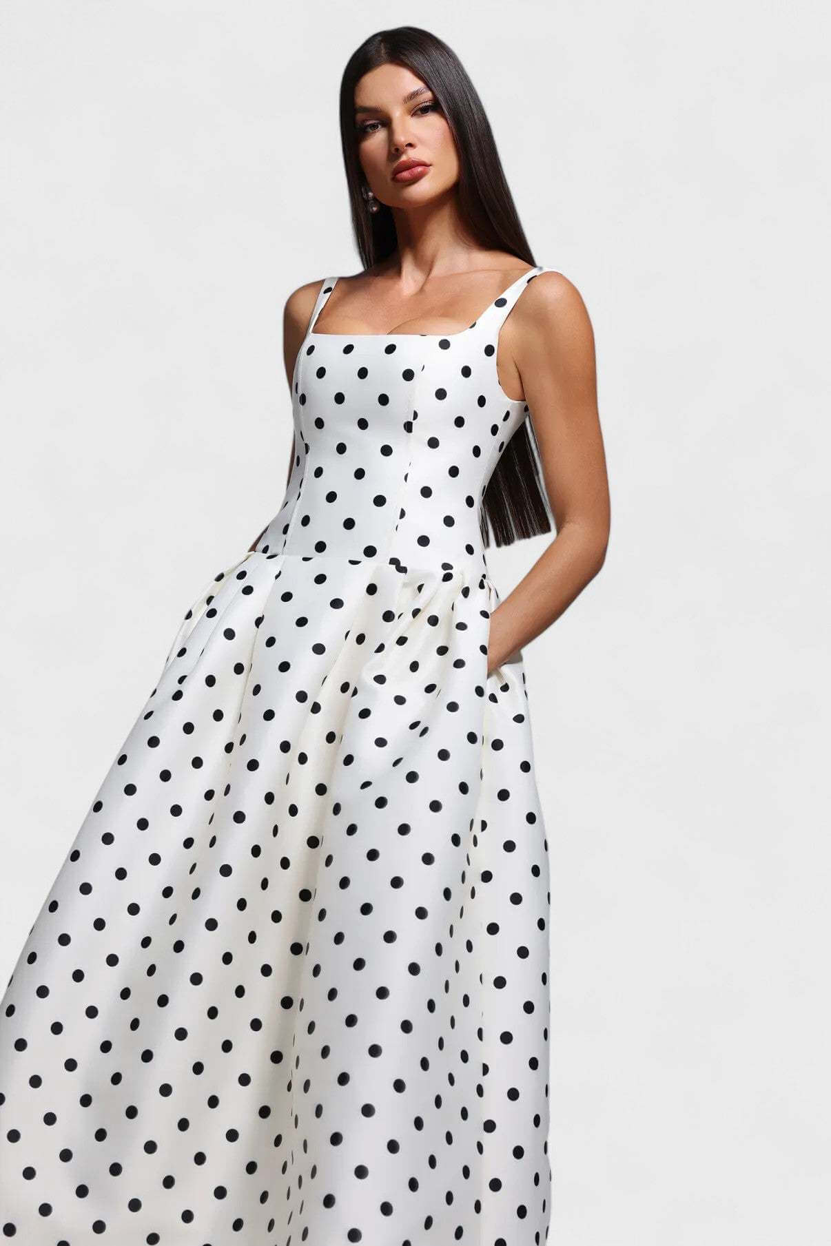 Aurohaya Madeleine Polka Dot Square Neck A-Line Maxi Dress