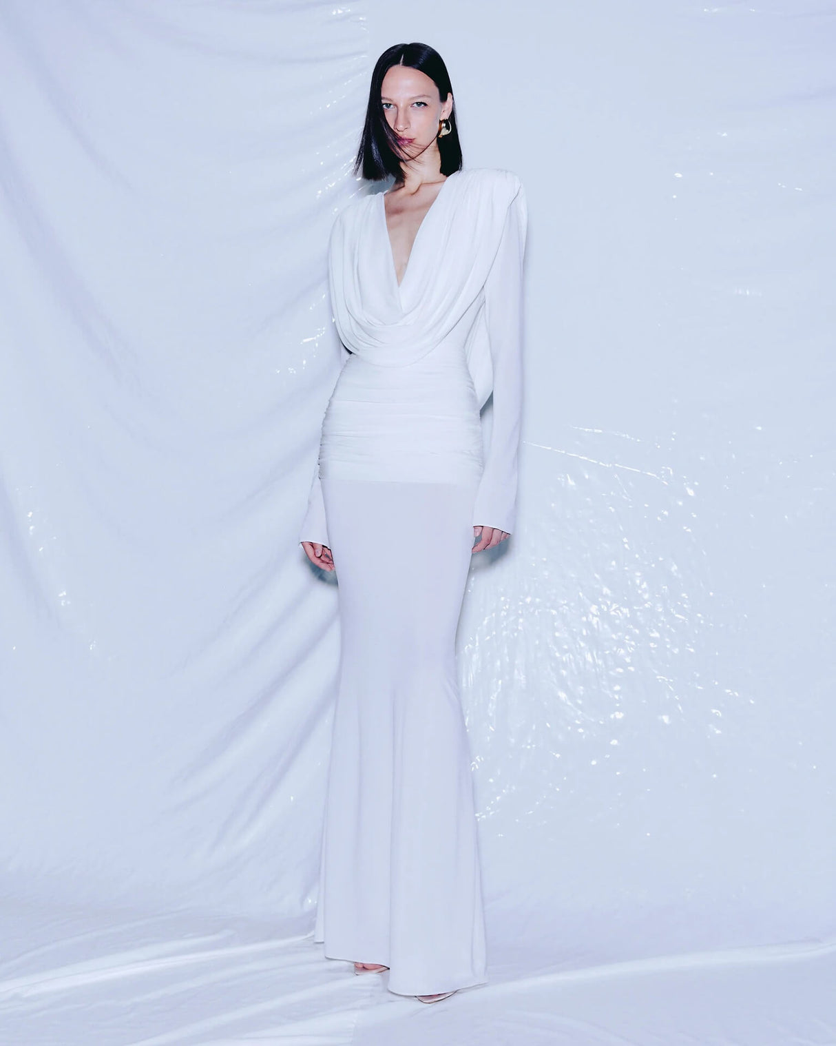 Aurohaya Lumière Long Sleeve Deep V Maxi Dress White