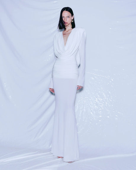Aurohaya Lumière Long Sleeve Deep V Maxi Dress WHITE
