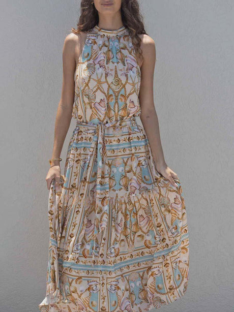 Aurohaya Exquisite Satin Ocean Treasure Print Maxi Dress