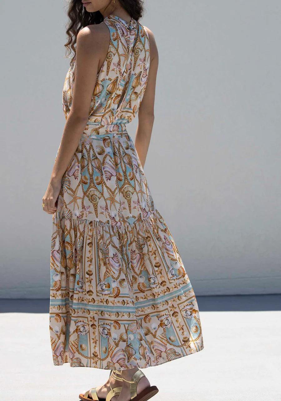Aurohaya Exquisite Satin Ocean Treasure Print Maxi Dress