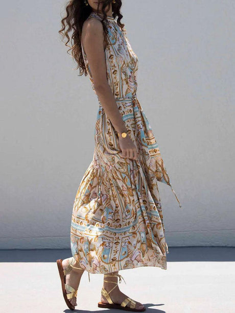 Aurohaya Exquisite Satin Ocean Treasure Print Maxi Dress