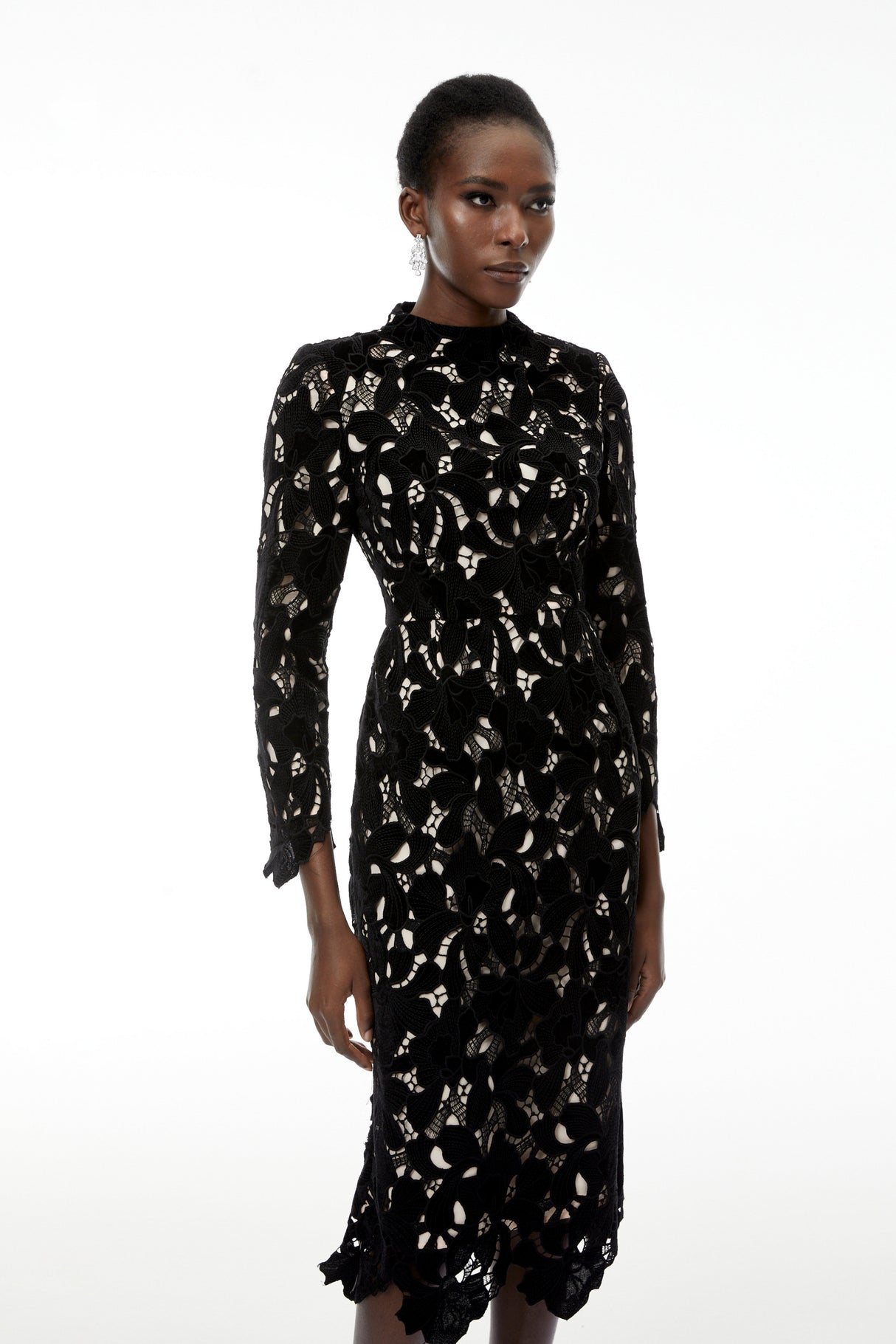Aurohaya Hafdis Black Floral Embroidered Midi Dress