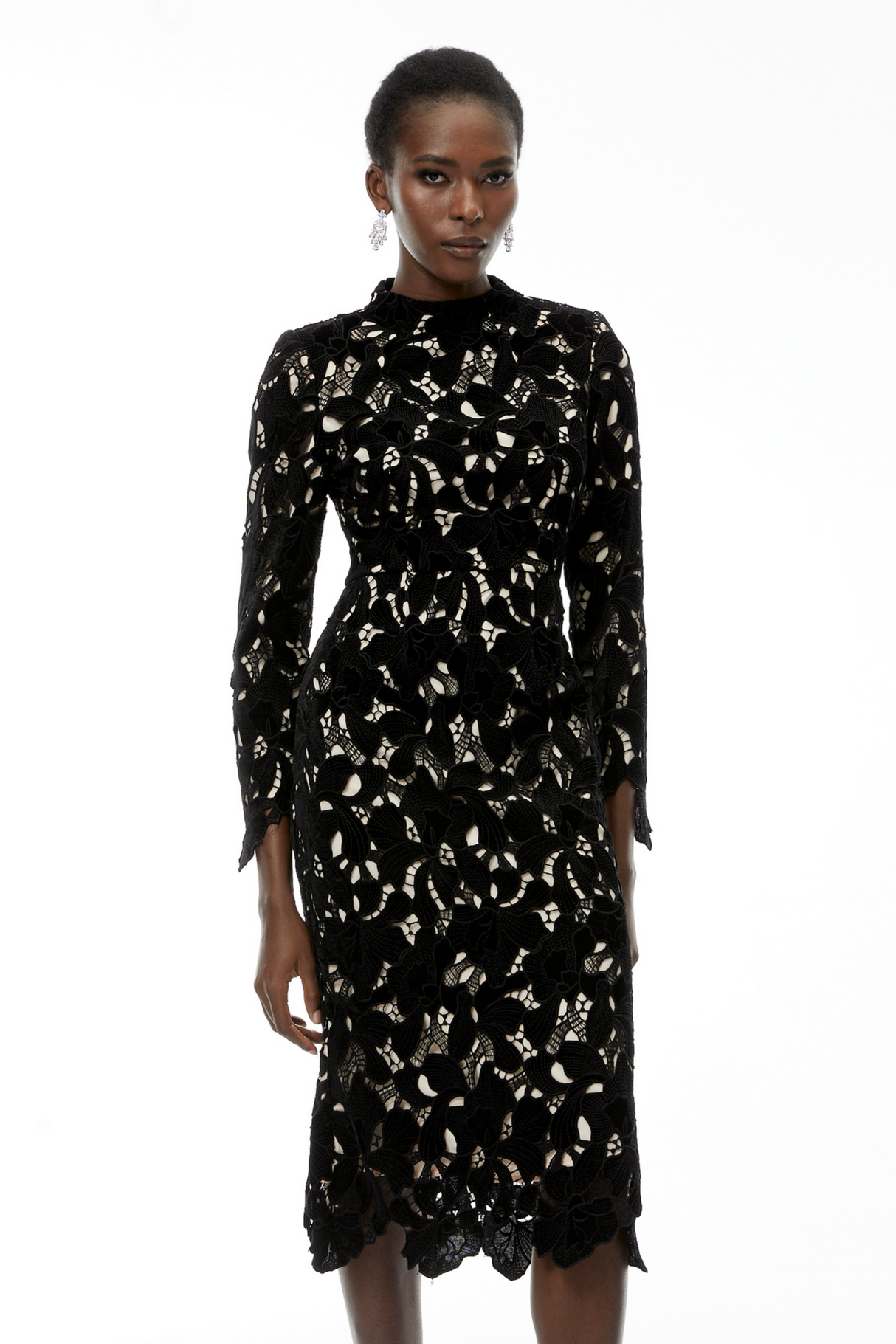 Aurohaya Hafdis Black Floral Embroidered Midi Dress