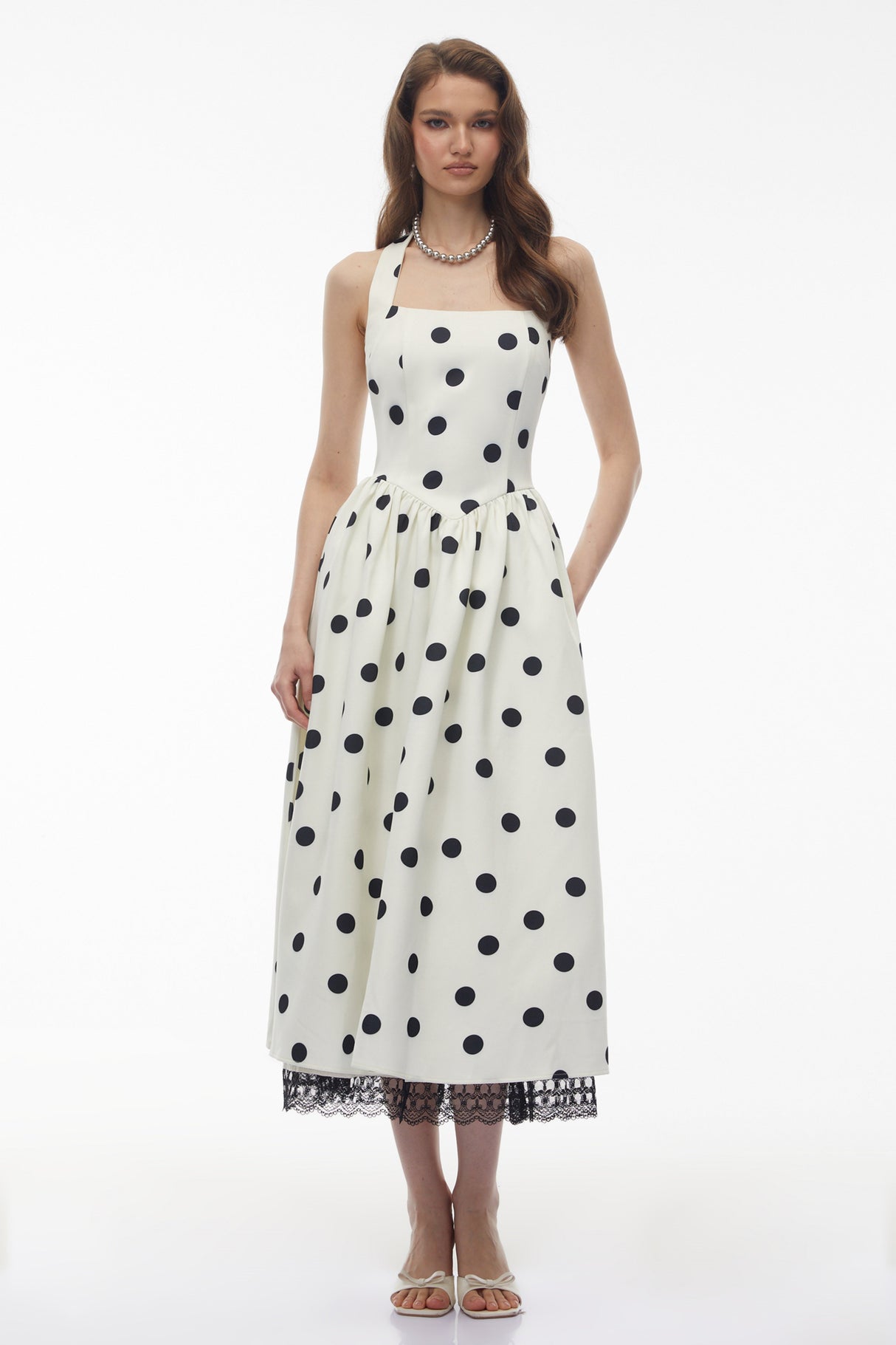 Aurohaya Odelia White Polka Dot Midi Dress with Lace Trim