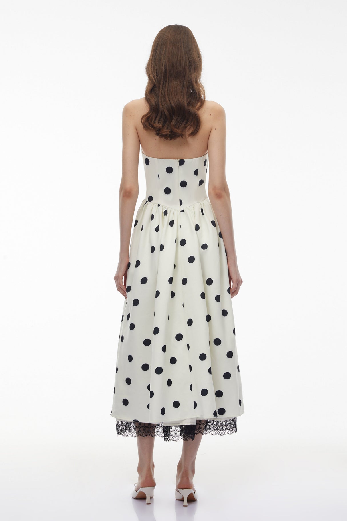 Aurohaya Odelia White Polka Dot Midi Dress with Lace Trim