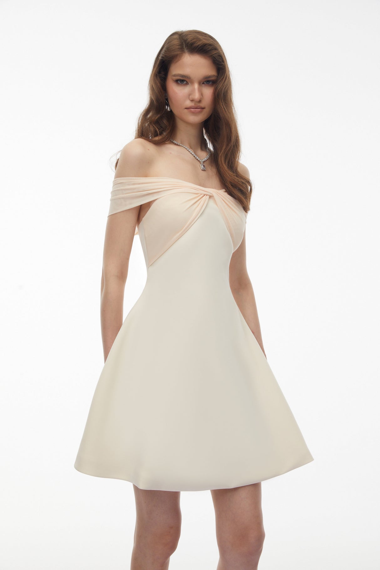 Aurohaya Oenone White Off Shoulder Mini Dress with Twist Front