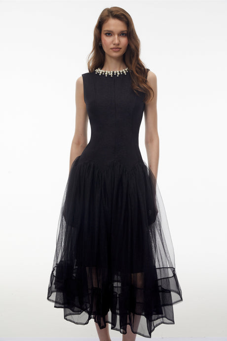 Aurohaya Ofra Black Pearl Pleated Midi Dress