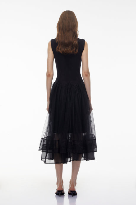 Aurohaya Ofra Black Pearl Pleated Midi Dress
