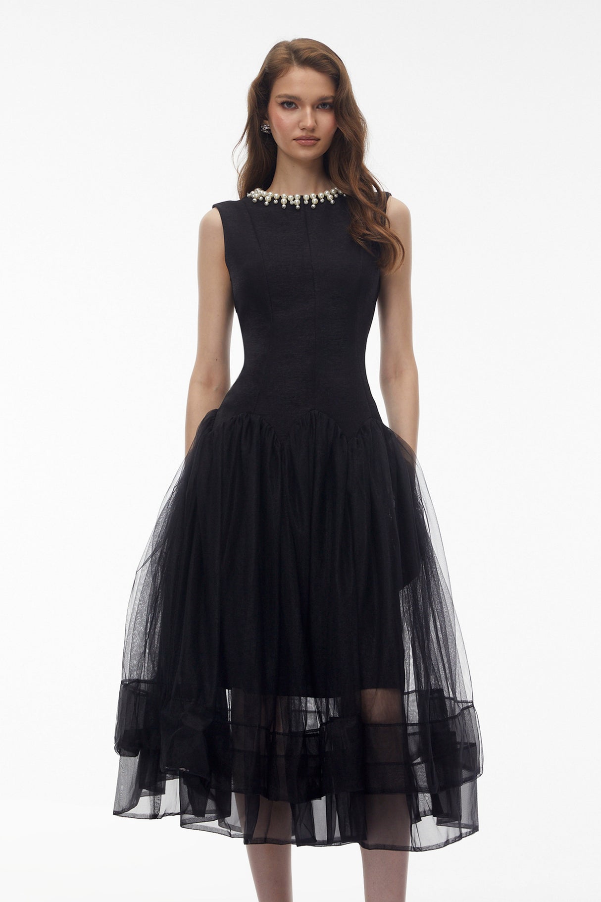 Aurohaya Ofra Black Pearl Pleated Midi Dress