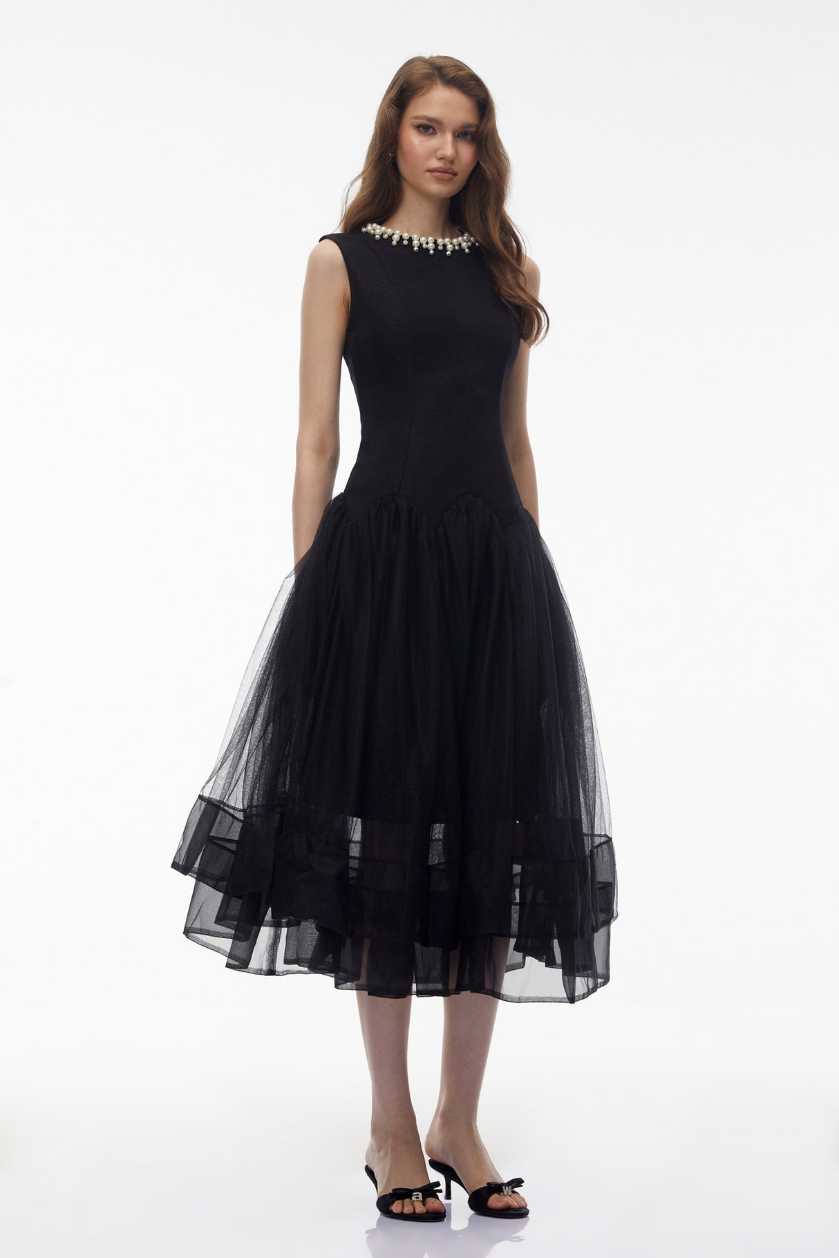 Aurohaya Ofra Black Pearl Pleated Midi Dress