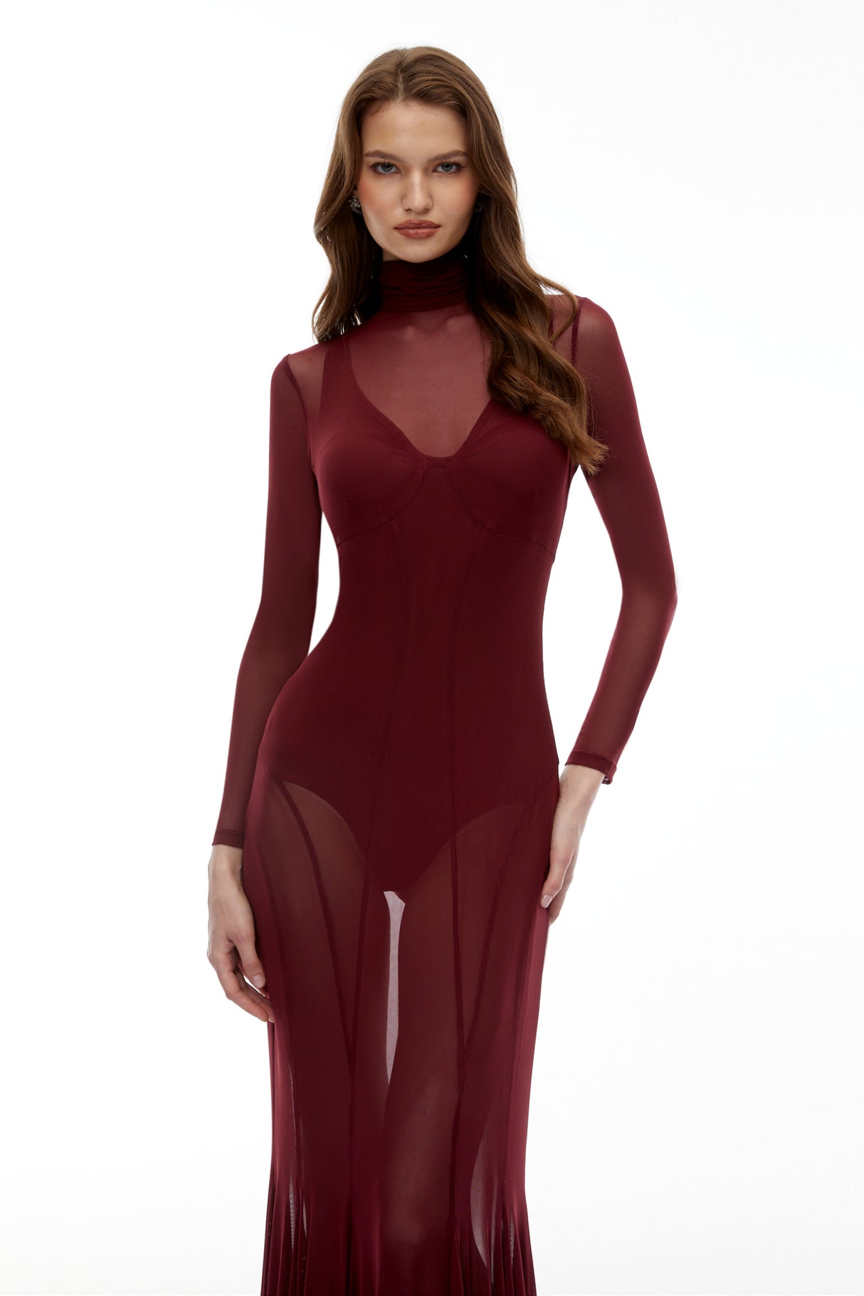 Aurohaya Ofra Burgundy Mesh Bodysuit & Dress Set