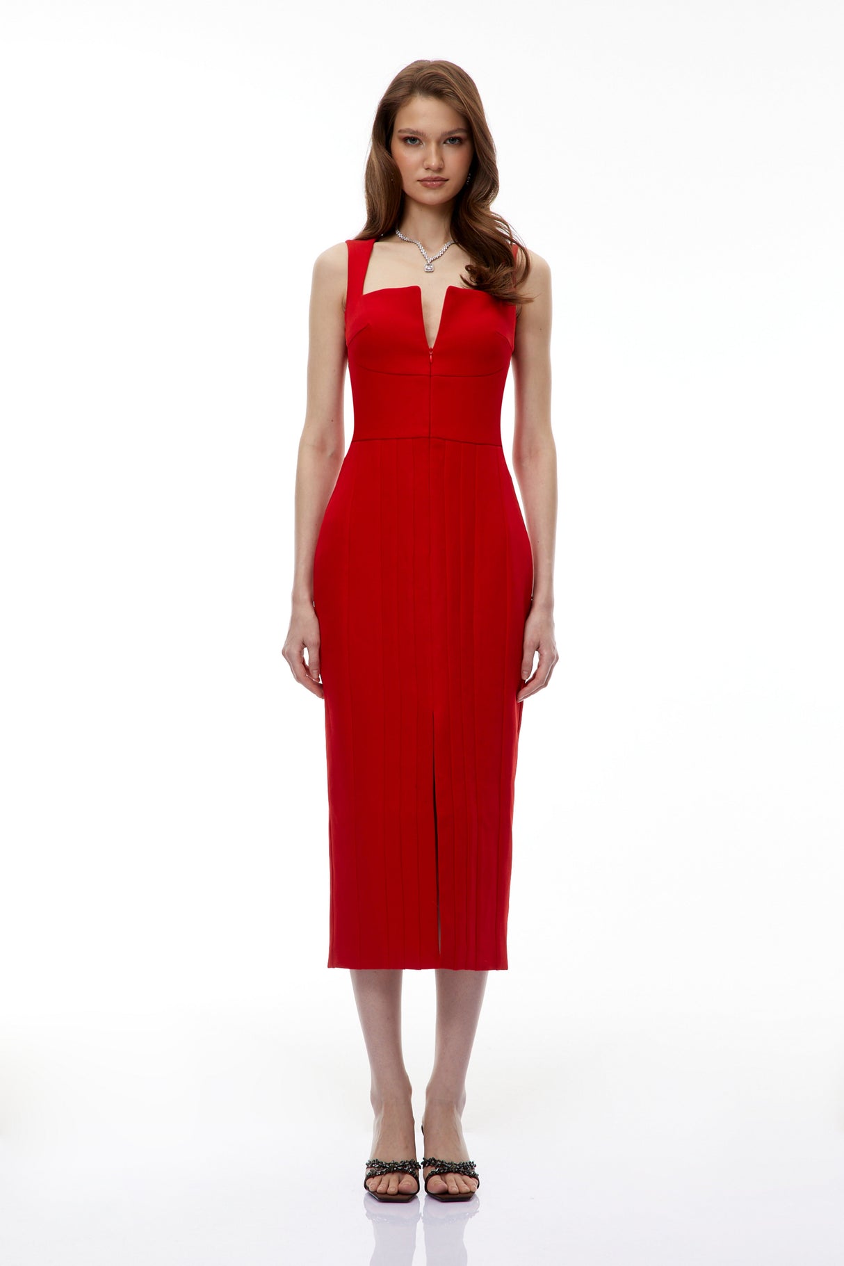 Aurohaya Olena Red Front Zip Corset Midi Dress