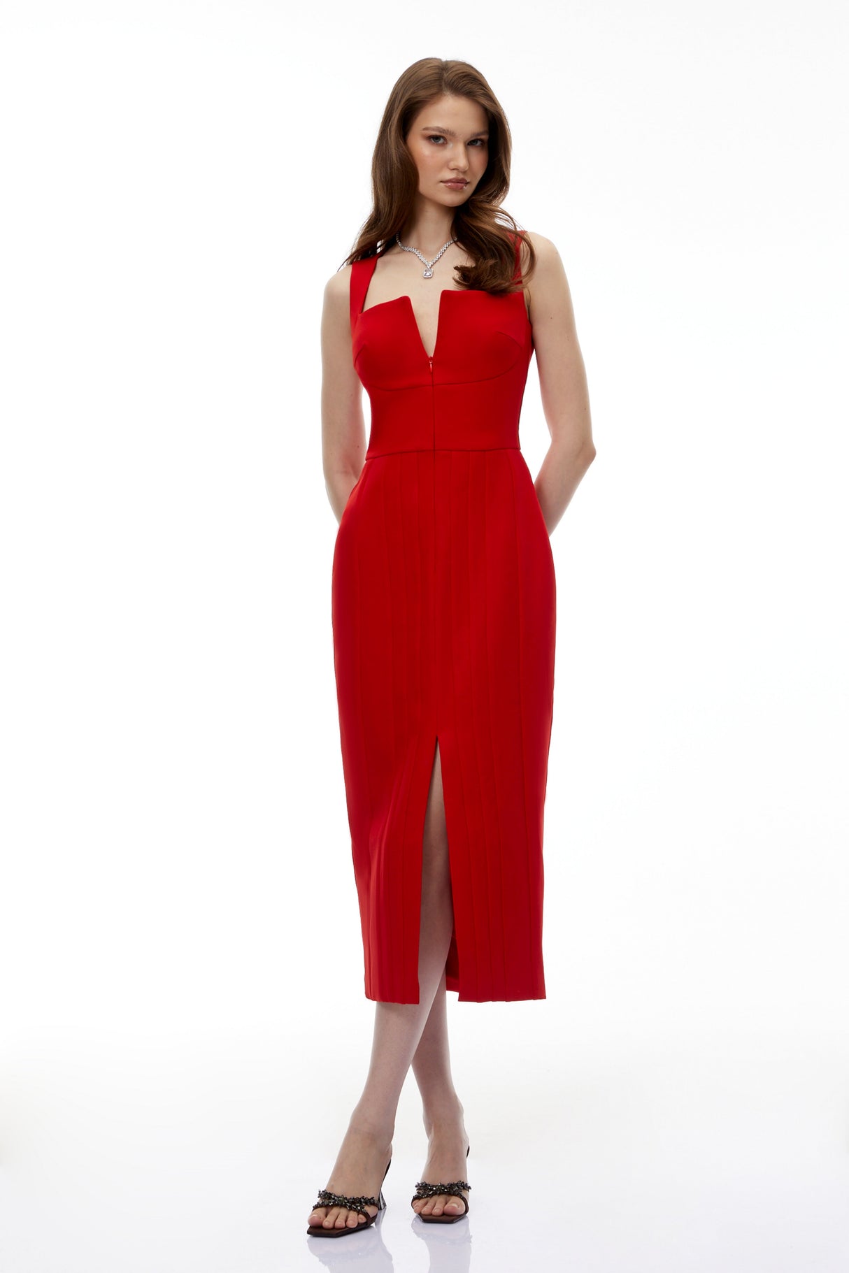 Aurohaya Olena Red Front Zip Corset Midi Dress