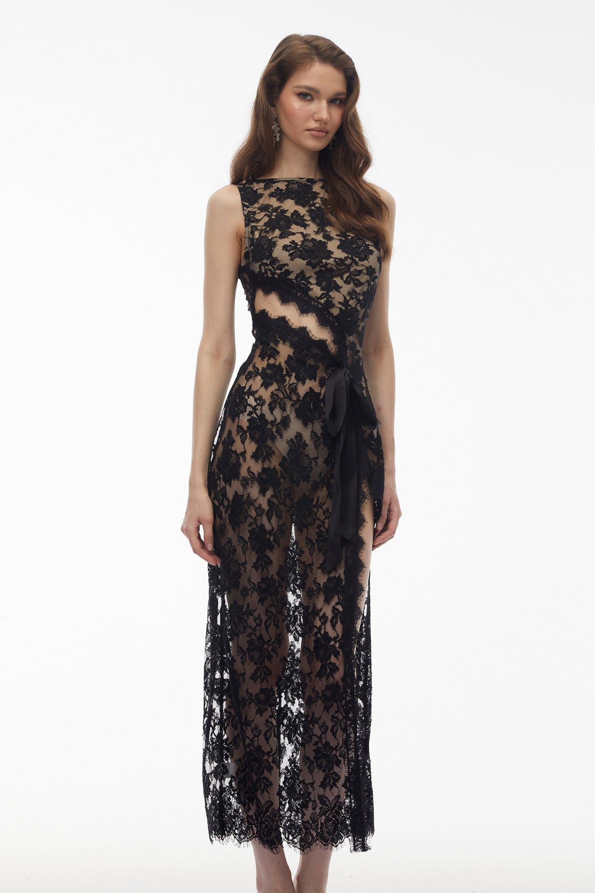 Aurohaya Olesya Black Semi Sheer Lace Maxi Dress