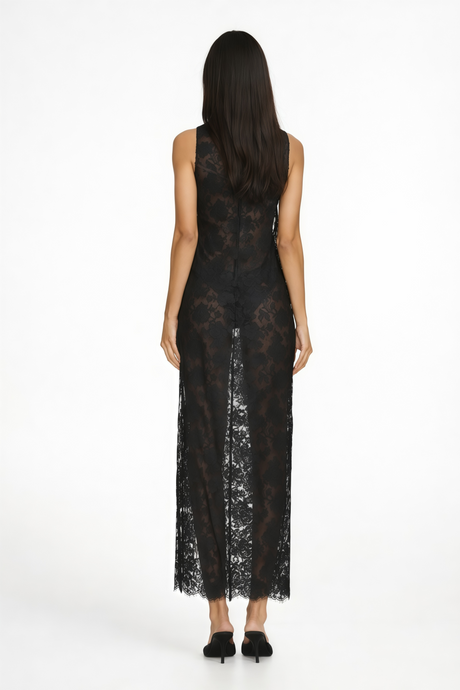 Aurohaya Olesya Black Semi Sheer Lace Maxi Dress