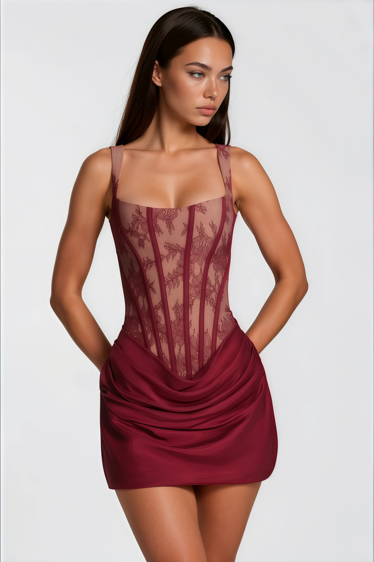 Aurohaya Olesya Red Ruched Mini Dress with Lace Panels
