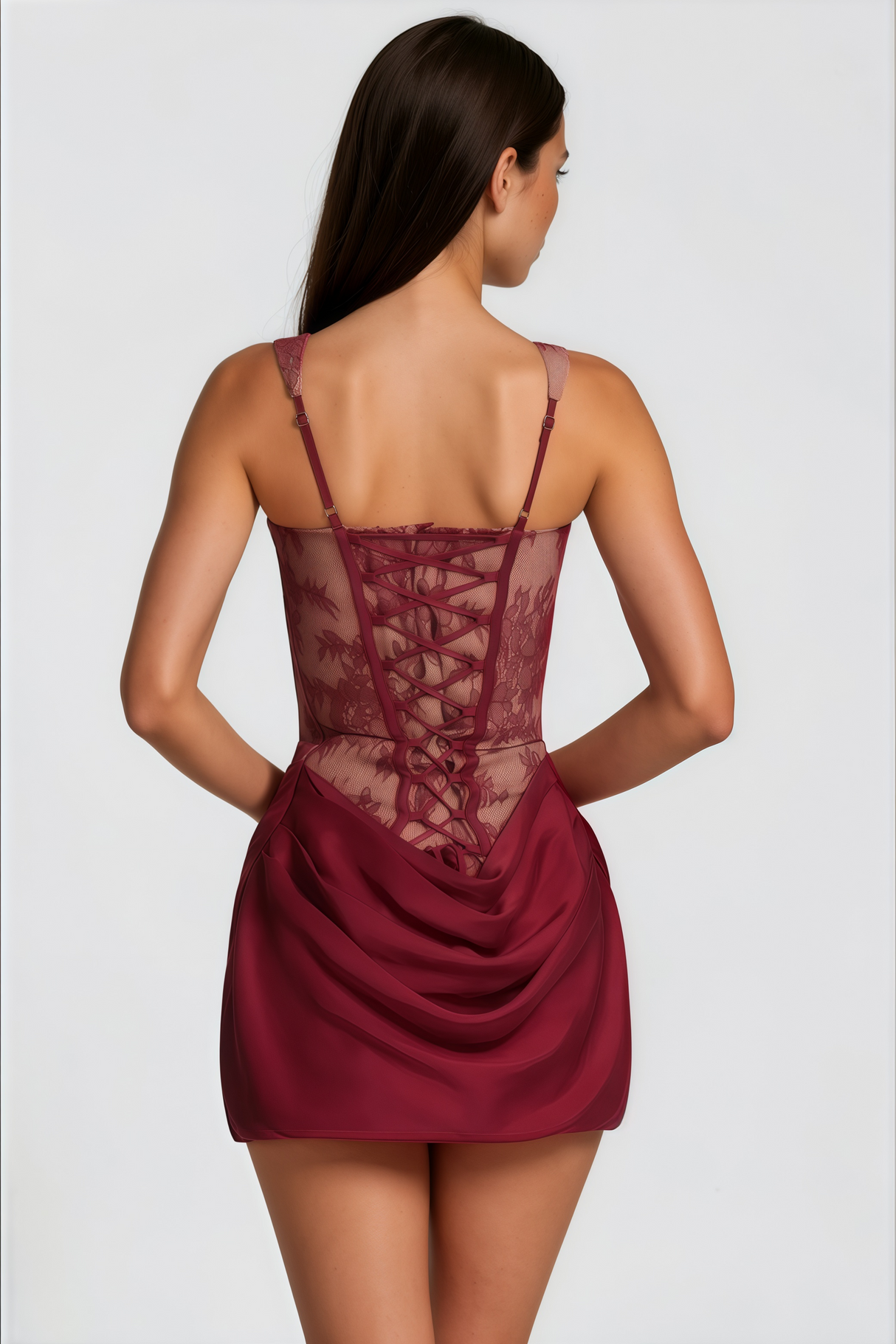 Aurohaya Olesya Red Ruched Mini Dress with Lace Panels