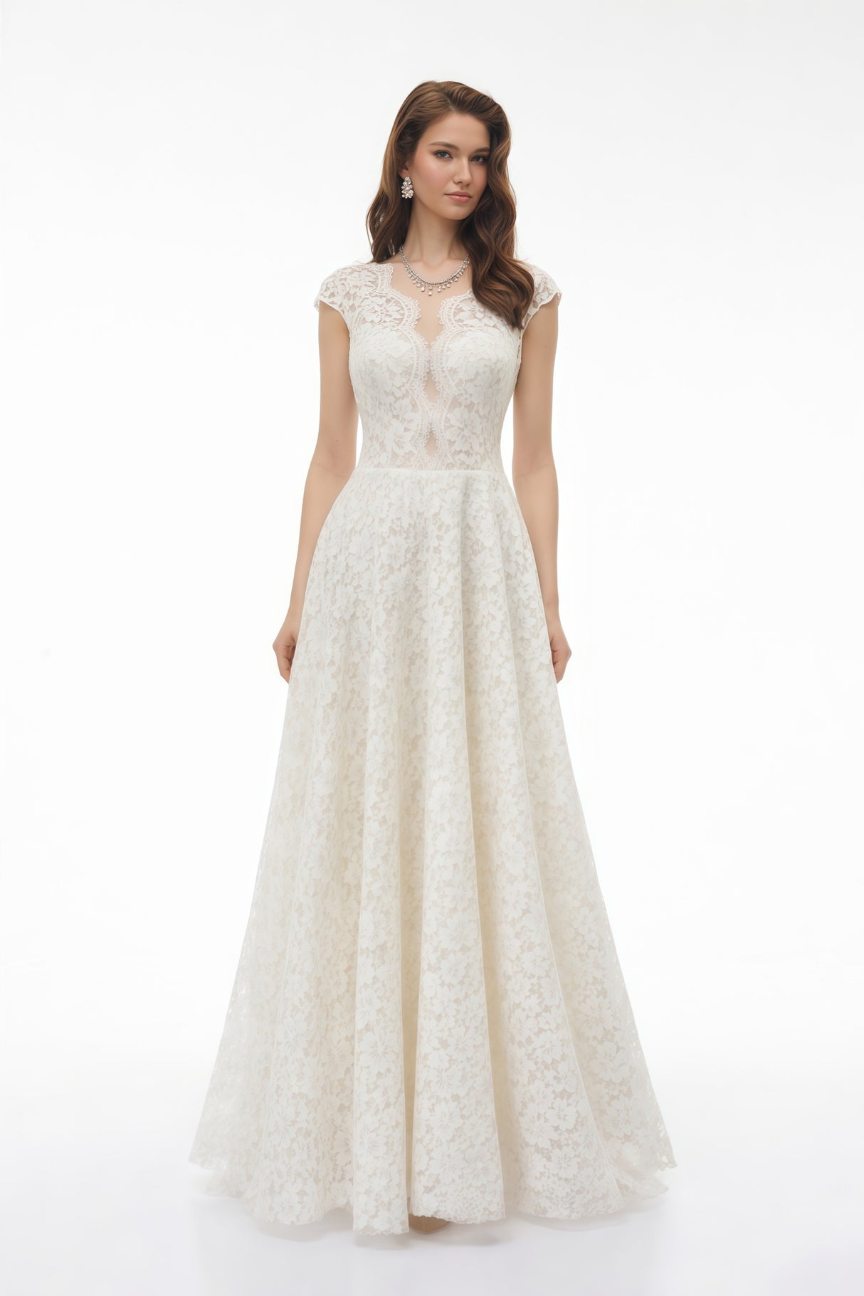 Aurohaya Oliana Ivory Lace Maxi Gown with Cap Sleeves