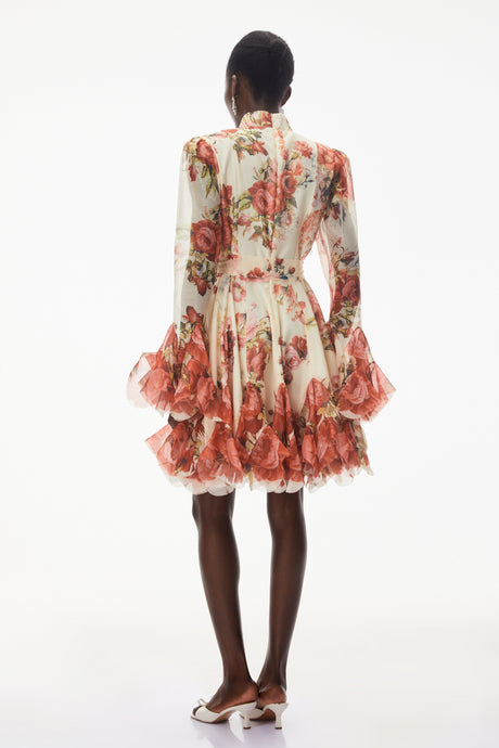 Aurohaya Omphale Cream Floral Lace Mini Dress with Tie-Front