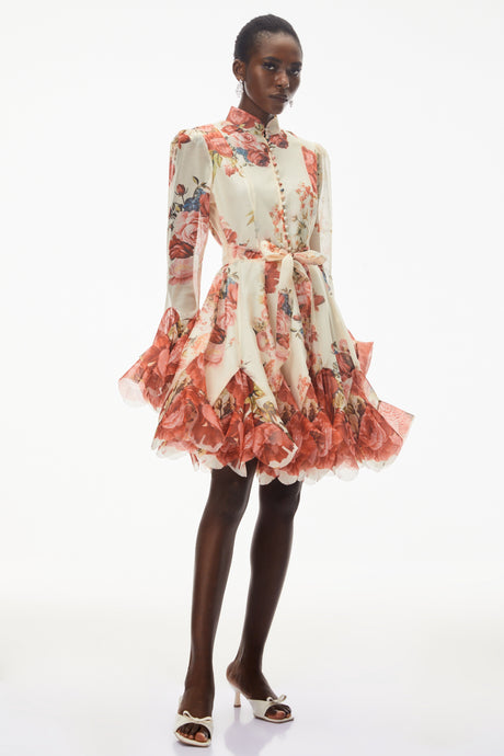 Aurohaya Omphale Cream Floral Lace Mini Dress with Tie-Front