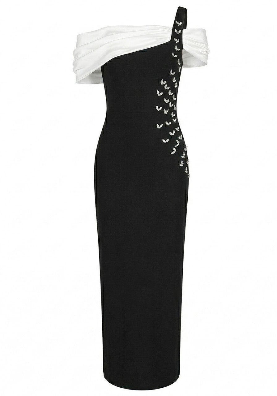 One Shoulder Bardot Crystal Maxi Dress Black White