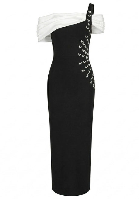 One Shoulder Bardot Crystal Maxi Dress Black White