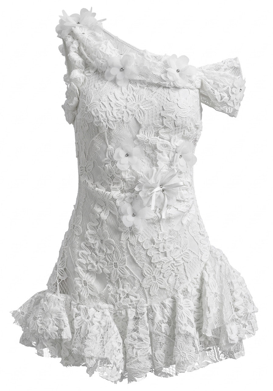 One Shoulder Bardot Floral Lace Dress White