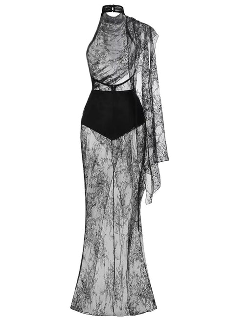 One Sleeve Draped Lace Maxi Dress Black
