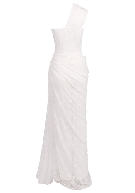 One Shoulder Draped Lace Maxi Dress White