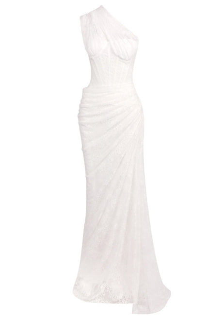 One Shoulder Draped Lace Maxi Dress White
