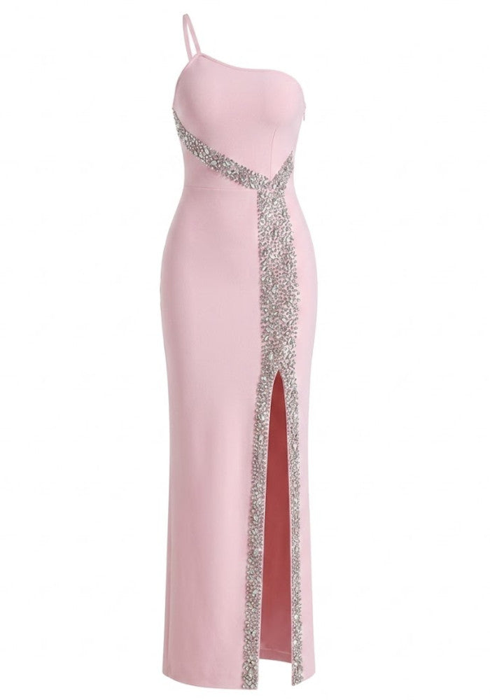 One Shoulder Embellished Maxi Dress Pink