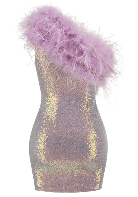 One Shoulder Feather Sequin Dress Lavender