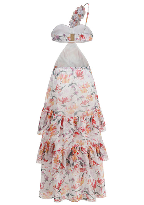 One Shoulder Floral Ruffle Maxi Dress Orange