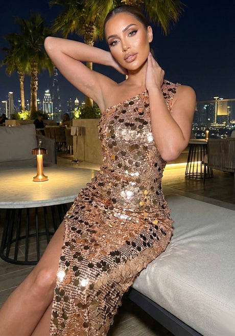 One Shoulder Asymmetric Sequin Maxi Dress Gold