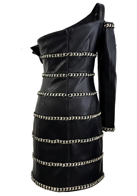 One Sleeve Ruffle Chain Detail Faux Leather Dress Black