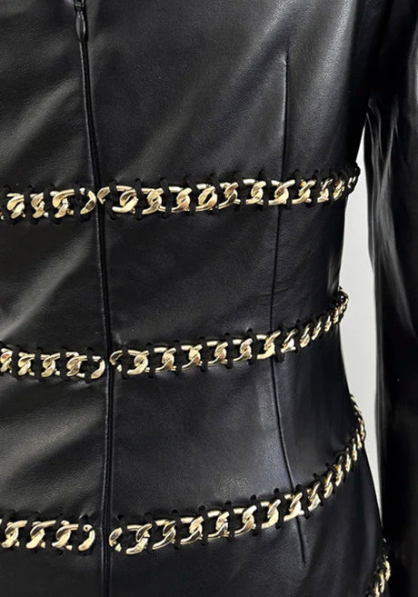 One Sleeve Ruffle Chain Detail Faux Leather Dress Black