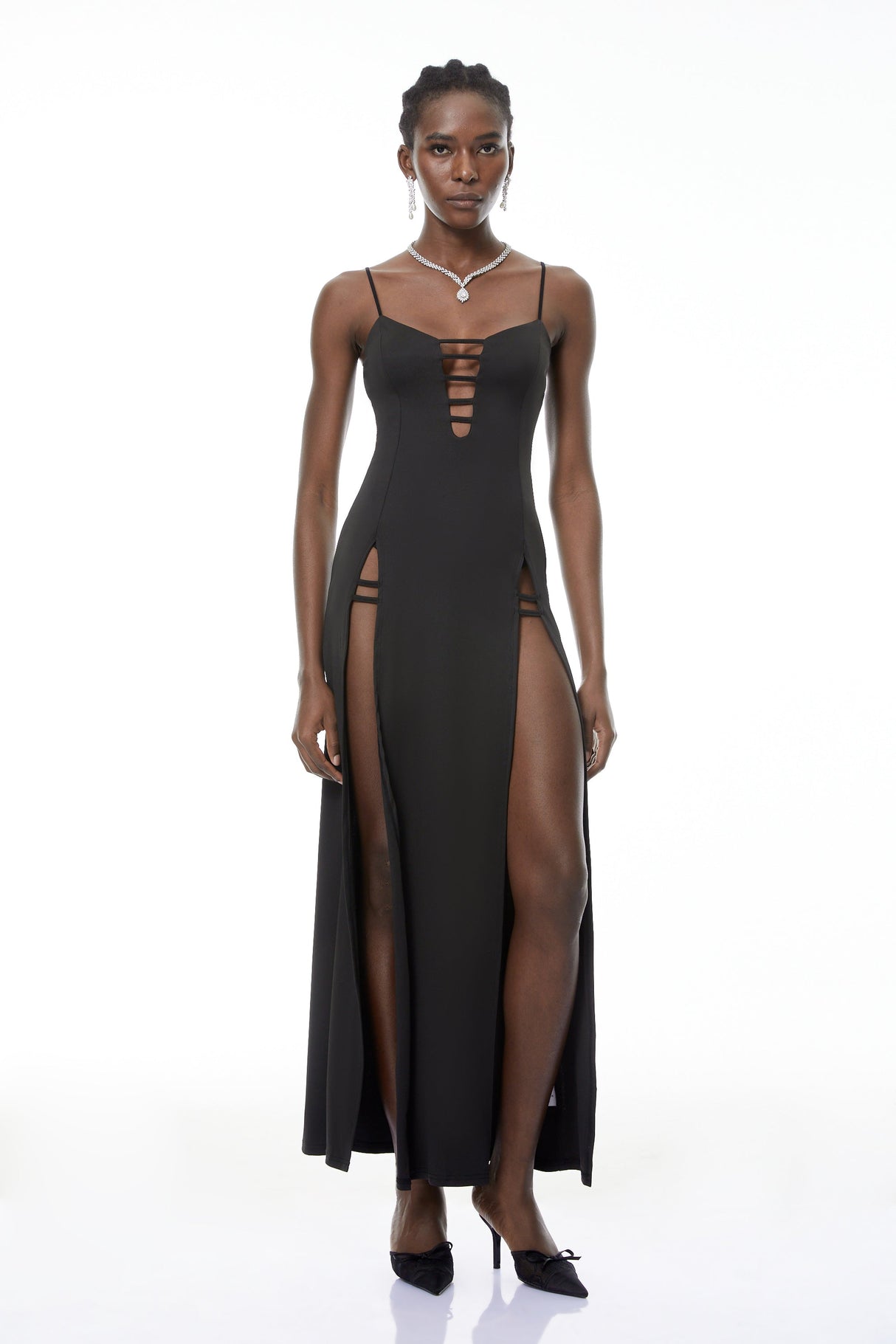 Aurohaya Oona Black Cut-Out Maxi Dress with High Slit