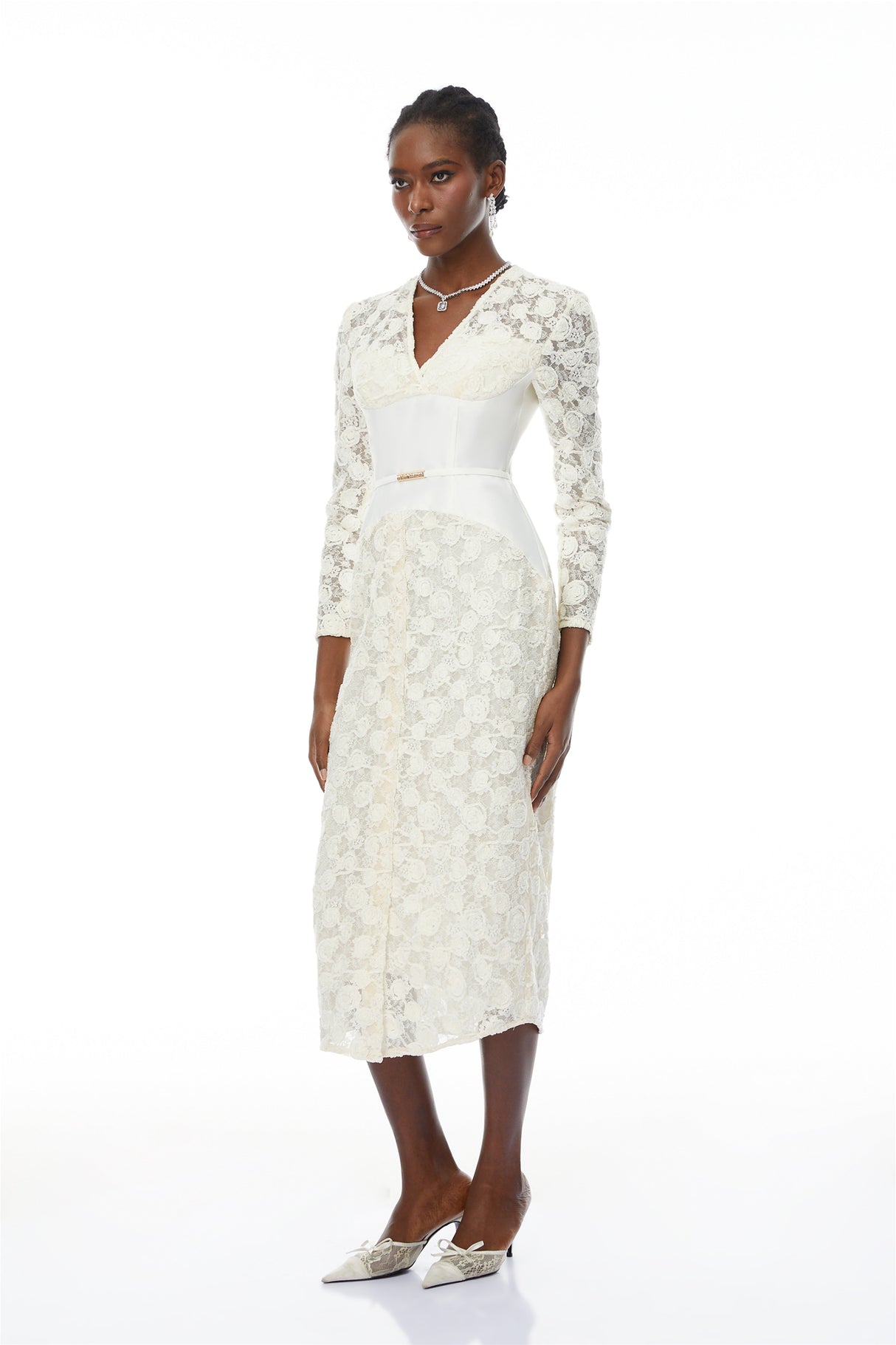 Aurohaya Oona White Floral Lace Pencil Midi Dress