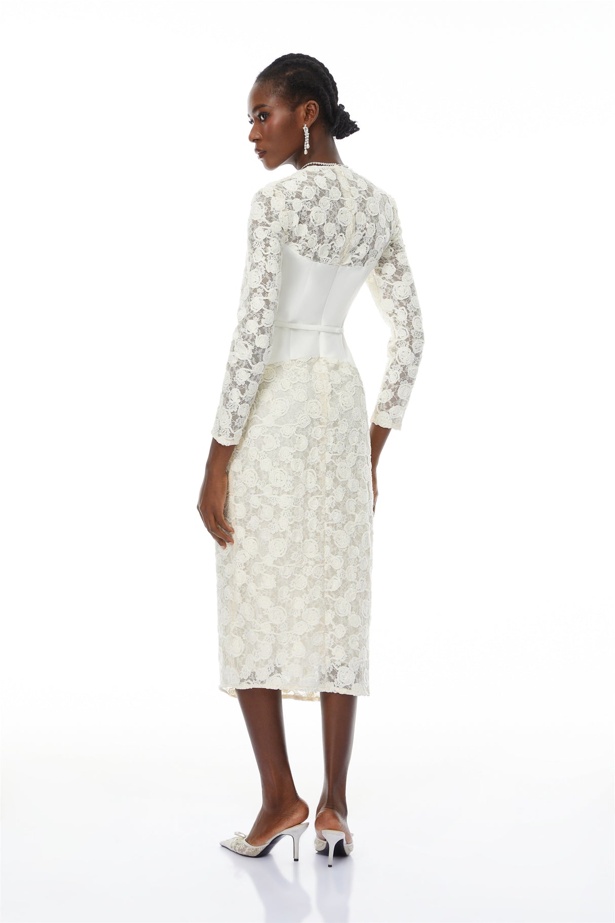 Aurohaya Oona White Floral Lace Pencil Midi Dress