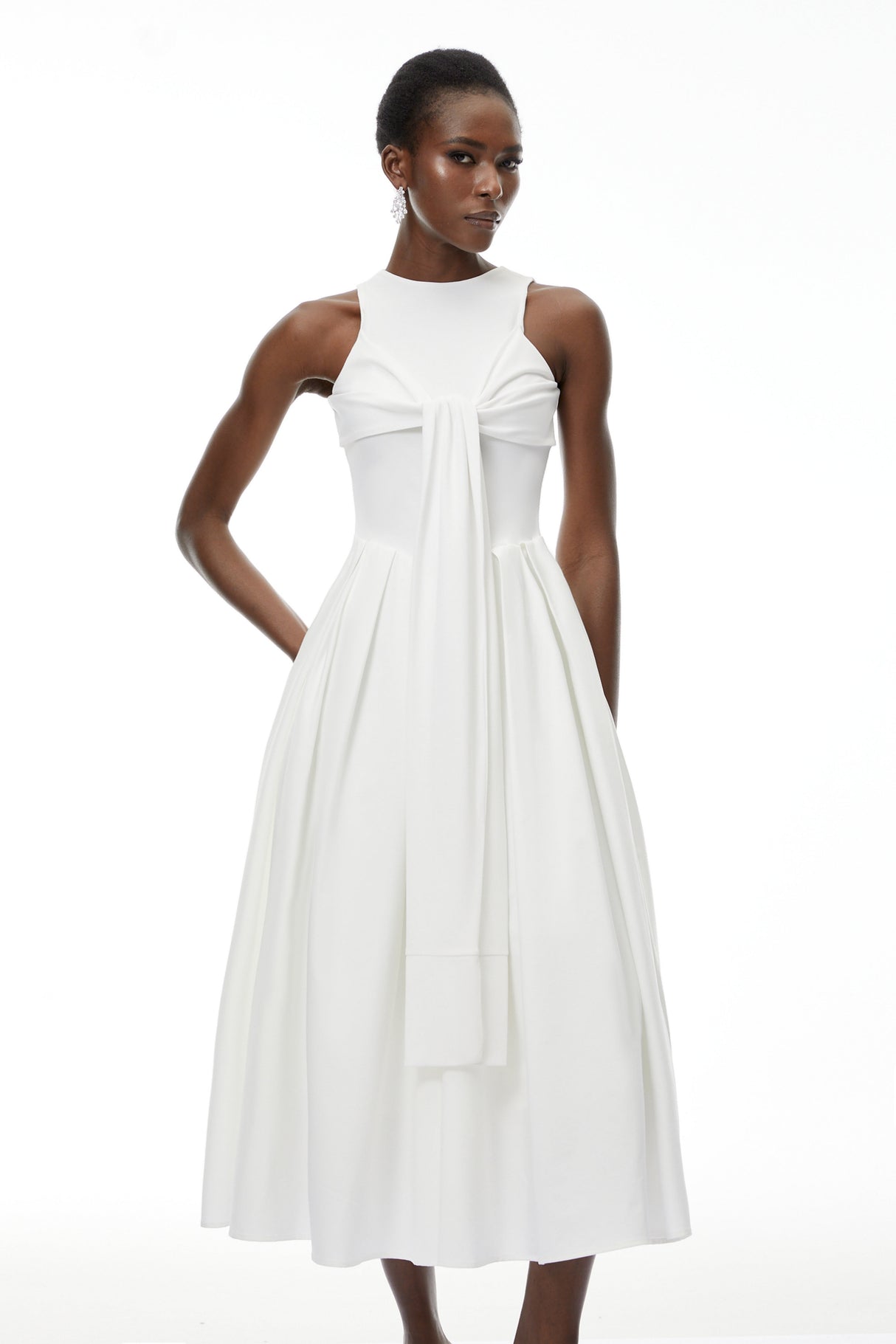 Aurohaya Ophelia White Pleated Midi Dress with Self-tie